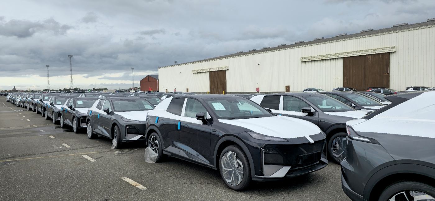 New vehicles staged at a port compound in Zeebrugge